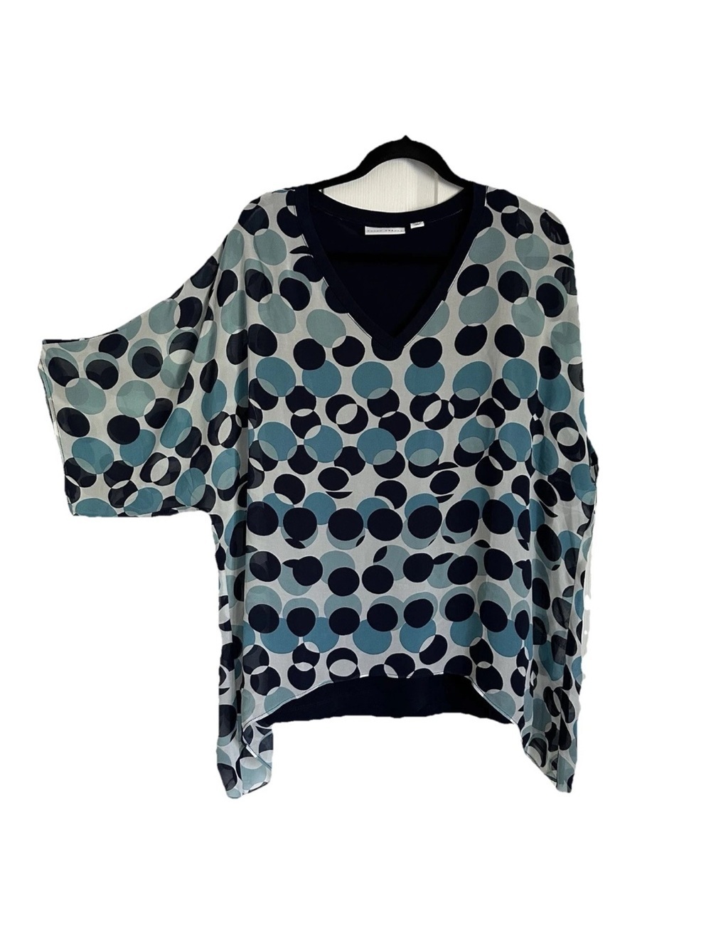 Susan Graver Womens LP Blue Polka Dot Dolman Sleeve Top Knit Stretch Mod Travel